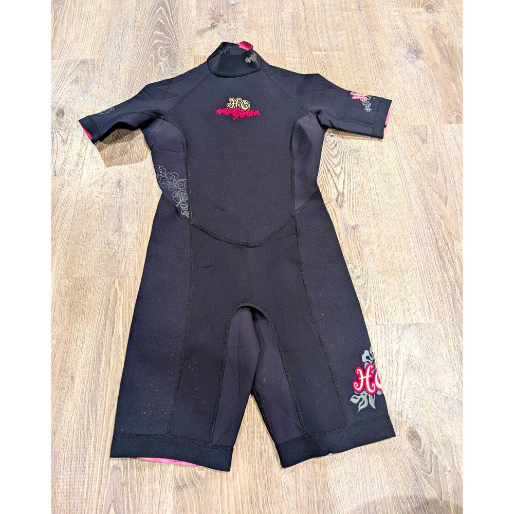 HO Sports Womens Shorty Wetsuit Size 10 Black Pink Hibiscus Floral Springsuit